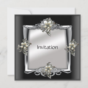 Invitación Elegant Silver Black Pearl Jewel
