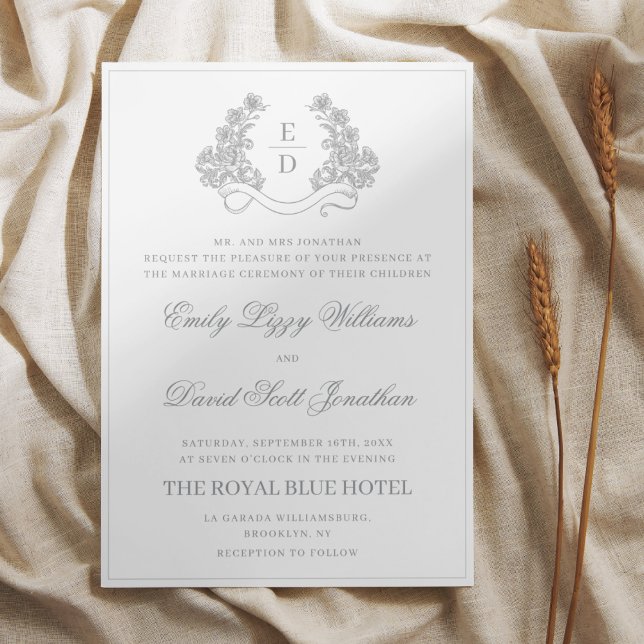 Invitación Elegant Silver Botanical Crest Heritage Wedding  (Subido por el creador)