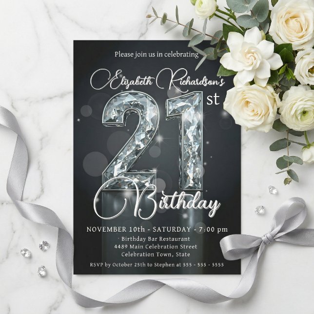 Invitación Elegant Silver Diamond Sparkle 21st Birthday (Subido por el creador)