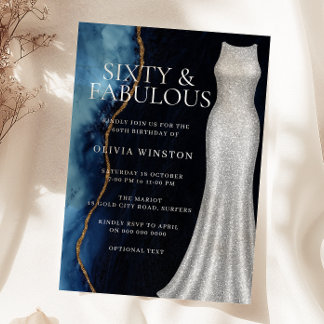 Invitación Elegant Silver Dress & Navy 60th Birthday Party