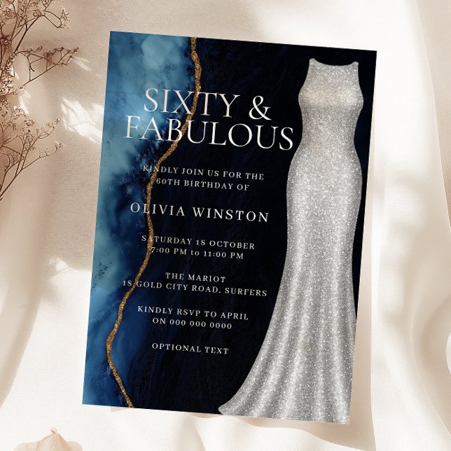 Invitación Elegant Silver Dress & Navy 60th Birthday Party (Subido por el creador)
