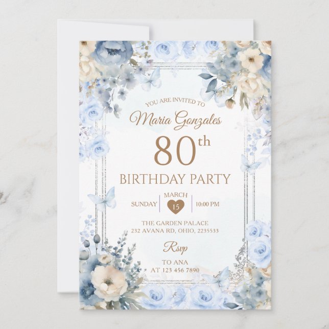 Invitación Elegant Silver & Dusty Blue Roses 80th Birthday (Anverso)