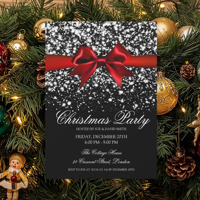 Invitación Elegant Silver Glam Red Bow Christmas Party  (Subido por el creador)