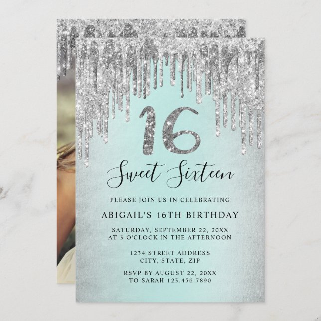 Invitación Elegant silver glitter drips sweet sixteen photo (Anverso / Reverso)