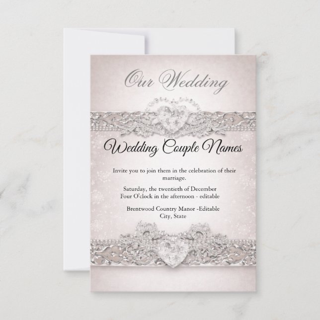 Invitación Elegant Silver Heart Wedding Invitations (Anverso)