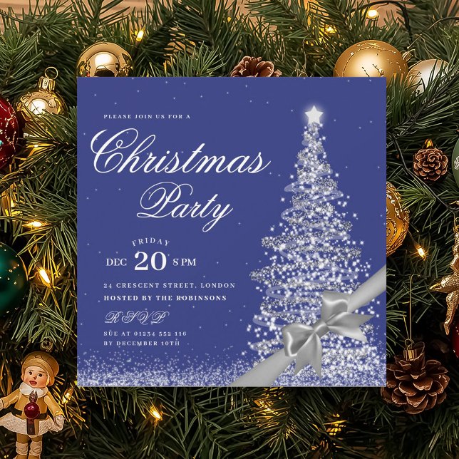 Invitación Elegant Silver Navy Winter Christmas Tree Bow  (Elegant Silver Winter Christmas Tree Bow Invitation)