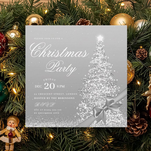Invitación Elegant Silver Winter Christmas Tree Bow  (Elegant Silver Winter Christmas Tree Bow Invitation)