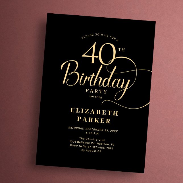 Invitación Elegant Simple Black Gold Script 40th Birthday (Subido por el creador)