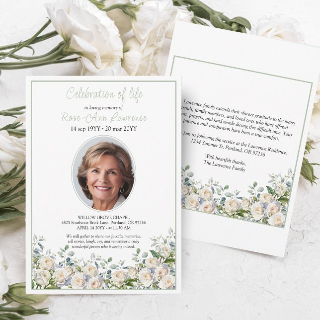 Invitación Elegant Simple Eucalyptus White Rose Photo Funeral (Subido por el creador)