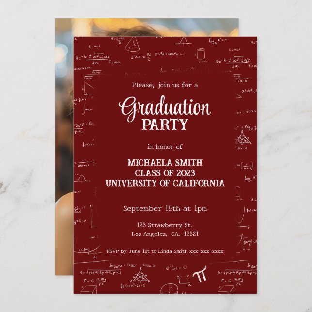 Invitación Elegant Simple Maroon Photo Math Graduation (Anverso / Reverso)