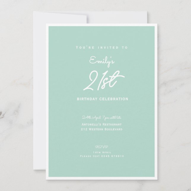 Invitación Elegant Simple Mint Modern 21st Birthday Party (Anverso)