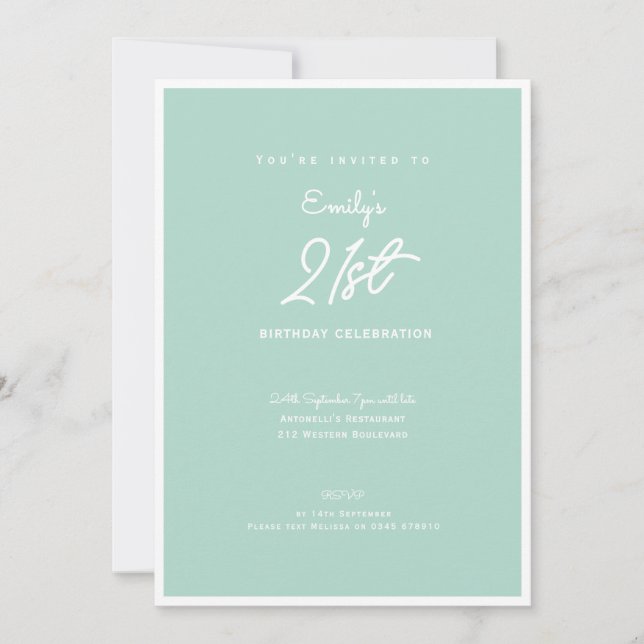 Invitación Elegant Simple Modern Mint 21st Birthday Party (Anverso)