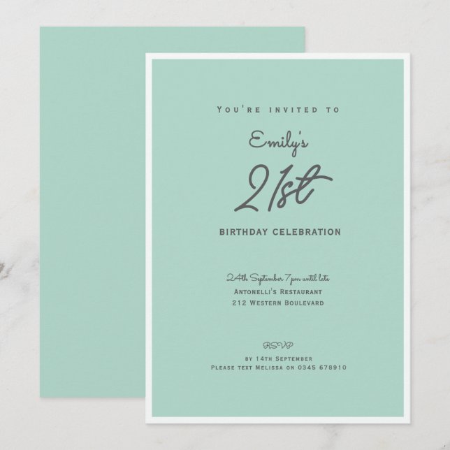 Invitación Elegant Simple Modern Mint 21st Birthday Party (Anverso / Reverso)