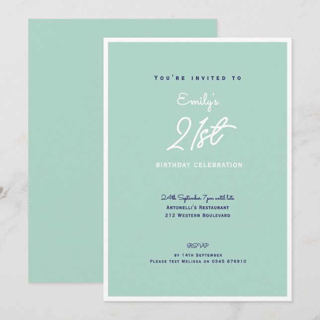 Invitación Elegant Simple Modern Mint 21st Birthday Party (Anverso / Reverso)