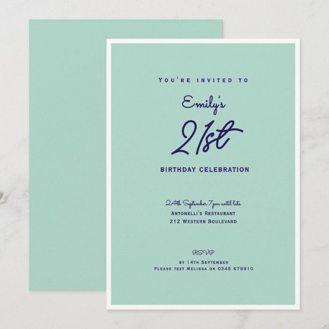 Invitación Elegant Simple Modern Mint 21st Birthday Party (Anverso / Reverso)