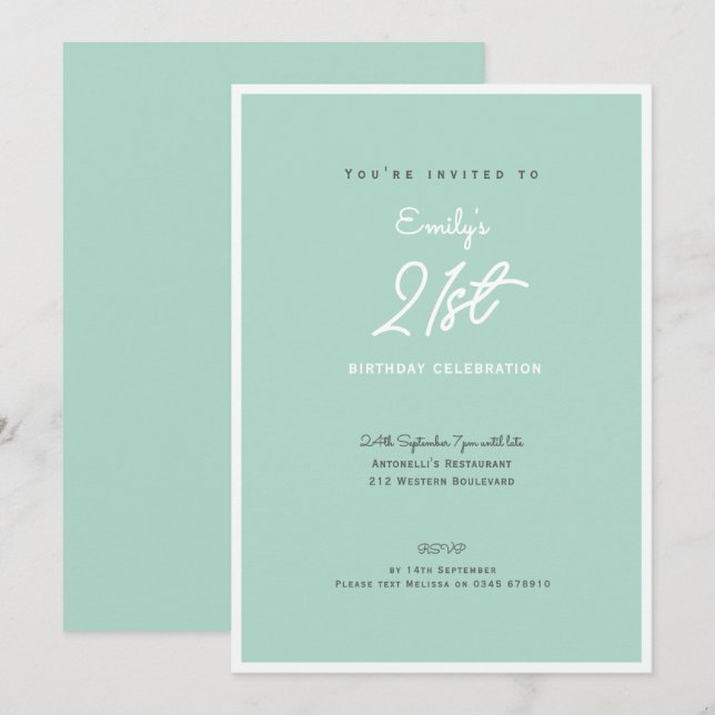 Invitación Elegant Simple Modern Mint 21st Birthday Party (Anverso / Reverso)