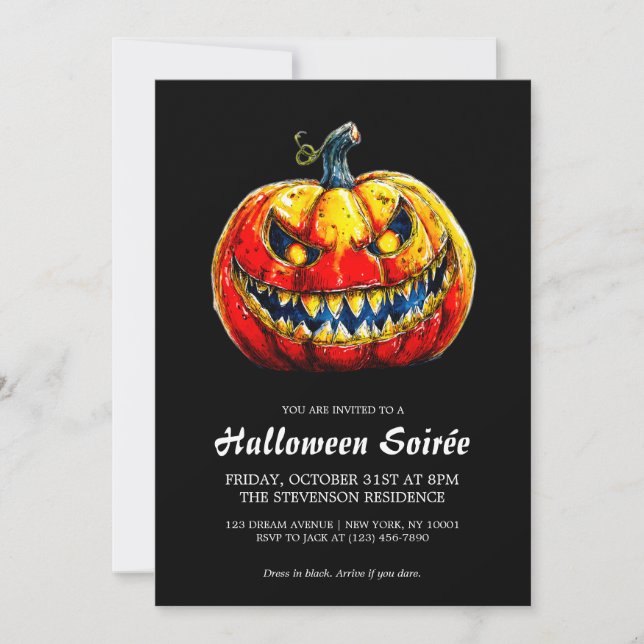 Invitación Elegant Smiling Pumpkin Fiery Halloween Soirée (Anverso)