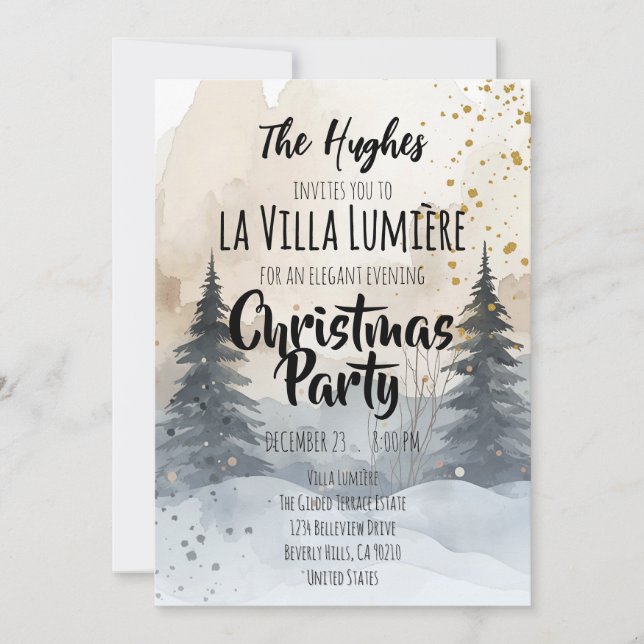 Invitación Elegant Snowy Hill Pine Winter Christmas Party  (Anverso)