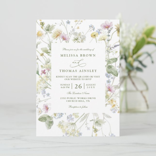 Invitación Elegant Soft Pastel Wildflower QR Code Wedding (Anverso de pie)
