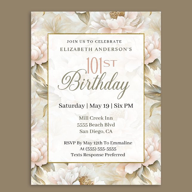 Invitación Elegant Soft Pink Ivory Peony 101st Birthday  (Subido por el creador)