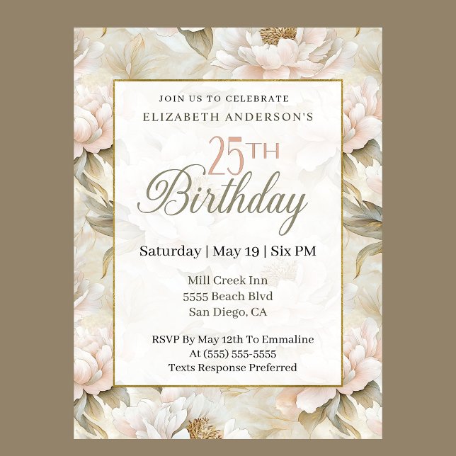 Invitación Elegant Soft Pink Ivory Peony 25th Birthday  (Subido por el creador)