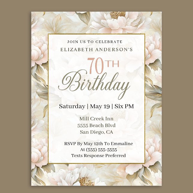 Invitación Elegant Soft Pink Ivory Peony 70th Birthday  (Subido por el creador)