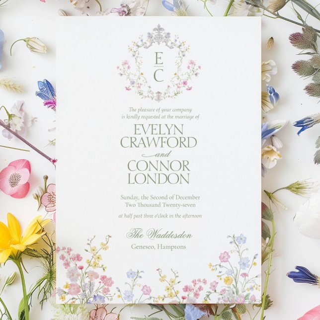 Invitación Elegant Spring Summer Wildflowers Crest Wedding (Elegant Spring Summer Wildflowers Crest Wedding Invitation)