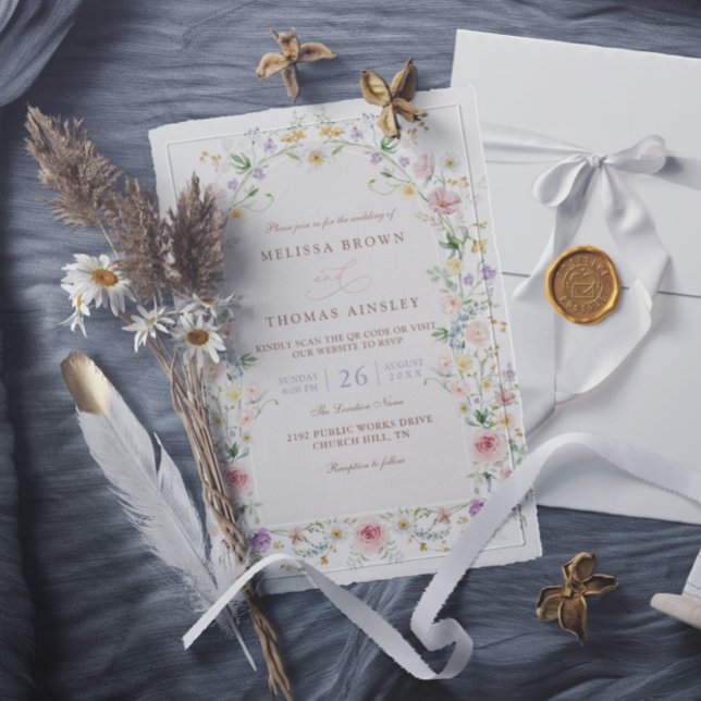 Invitación Elegant Spring Wildflower Meadow QR Code Wedding (Subido por el creador)