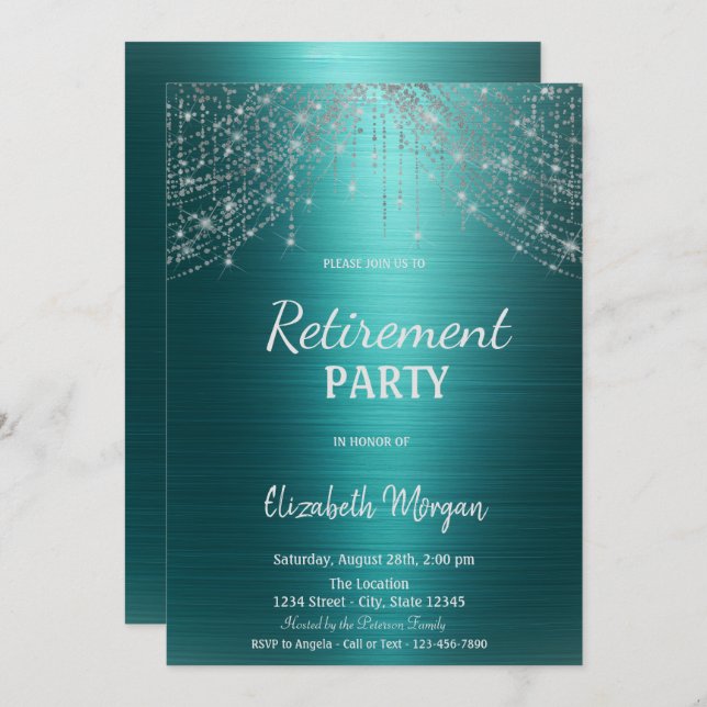 Invitación Elegant String Lights Green Metallic Retirement  (Anverso / Reverso)