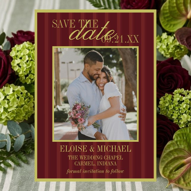 Invitación Elegant Stripe Chartreuse Burgundy Save the Date (Elegant Stripe Chartreuse Burgundy Save the Date Invitation)