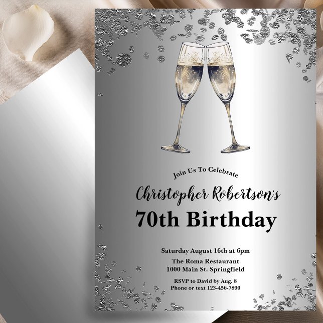 Invitación Elegant Stylish Black and Silver 70th Birthday  (Subido por el creador)