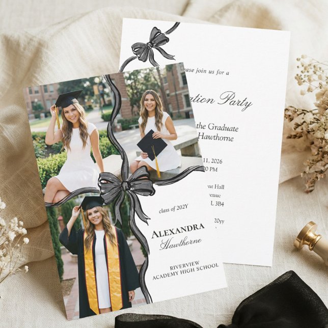 Invitación Elegant Stylish Black Bow Ribbon Photo Graduation (Elegant Stylish Black Bow Ribbon Photo Graduation Invitation)