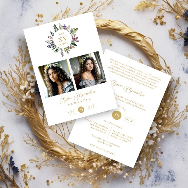 Invitación Elegant Stylish CIrcular Shape Mis XV años Floral  (Spanish Elegant Modern Stylish Shape Mis XV años Floral Anagram 2 Photos Collage Invitation Card.)