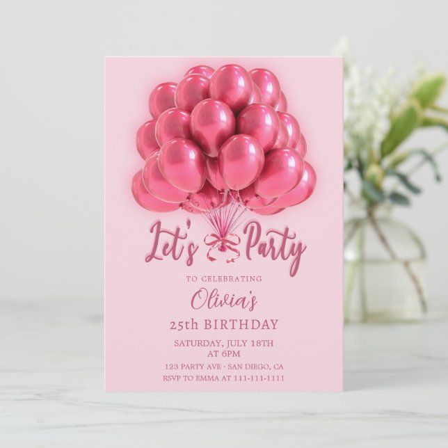 Invitación Elegant Stylish Pink Balloons Birthday (Anverso de pie)