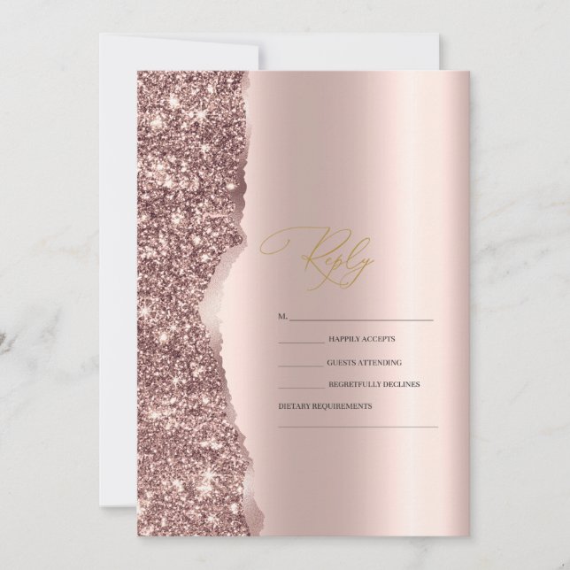 Invitación Elegant Stylish Rose Gold Glitter Script RSVP (Anverso)