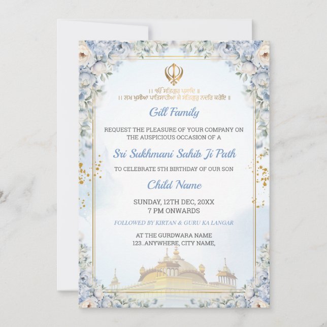 Invitación Elegant Sukhmani Sahib Ji Path Birthday Invitation (Anverso)