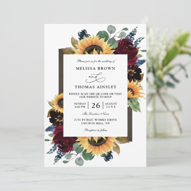 Invitación Elegant Sunflower Rustic Budget QR Code Wedding (Anverso de pie)