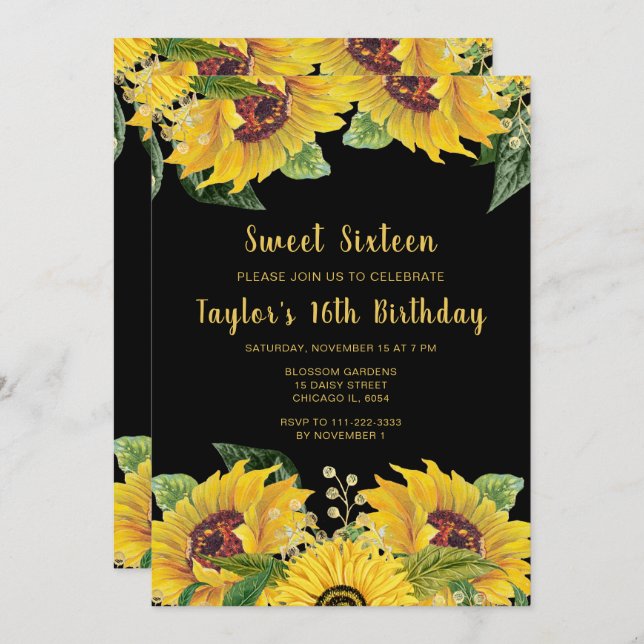 Invitación Elegant Sunflowers and Foliage Sweet Sixteen (Anverso / Reverso)