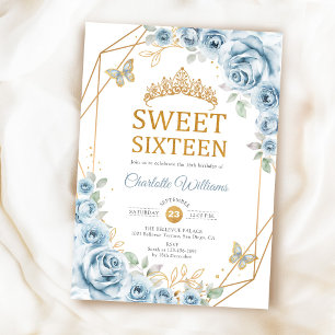 Invitación Elegant Sweet 16 Rosas Azules Bebé Dorado