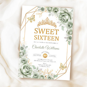 Invitación Elegant Sweet 16 Rosas Verde Sage Oro