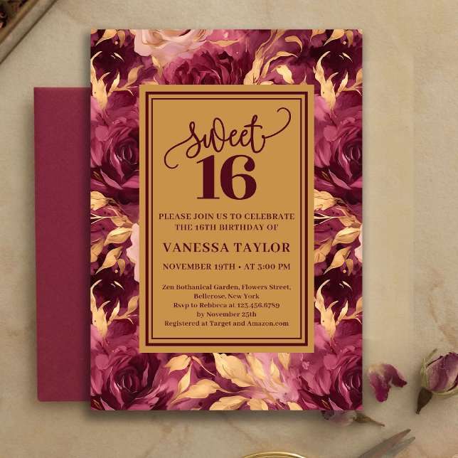 Invitación Elegant Sweet Sixteen Burgundy Blush Gold Invite (blush burgundy gold flowers roses,
boho watercolor deep red romantic,
burgundy blush sweet sixteen i)