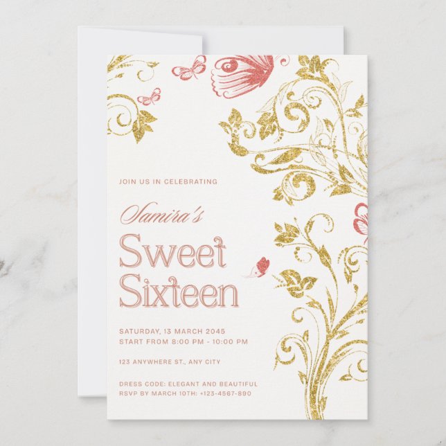 Invitación Elegant Sweet Sixteen Invitation | Gold Floral & P (Anverso)