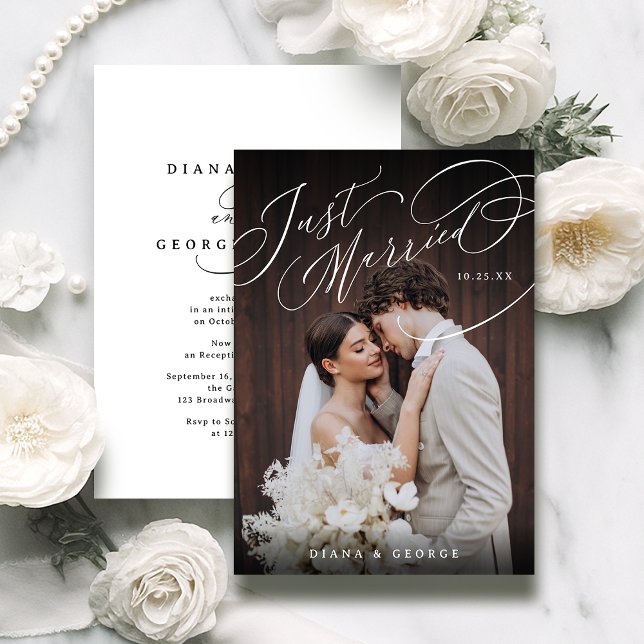 Invitación Elegant Swirl Script Just Married Photo Reception (Timeless Typography Just Married Photo Reception Invitation)