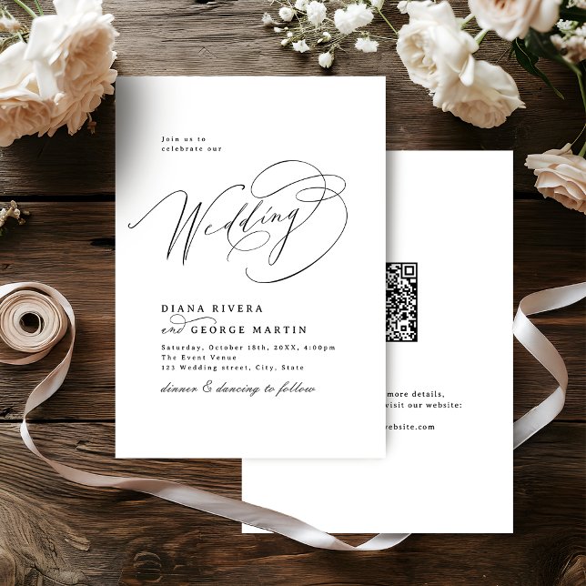 Invitación Elegant Swirl Script Simple QR code Wedding (Elegant Swirl Script Simple QR code Wedding Invitation)