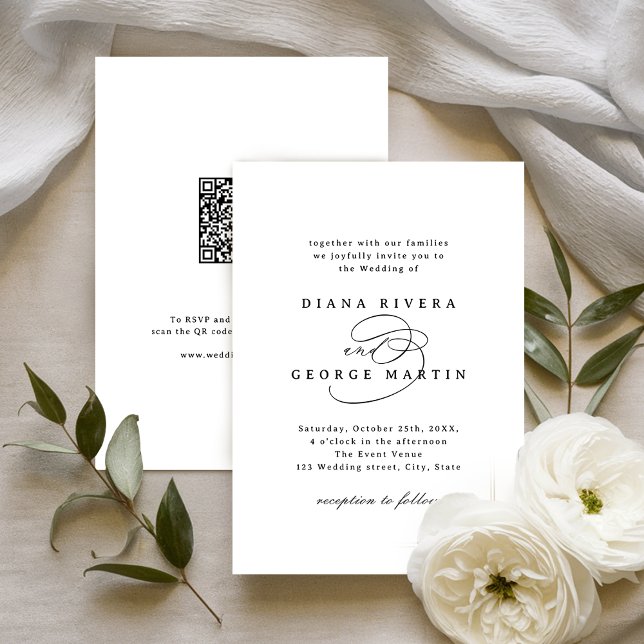 Invitación Elegant Swirl Script Simple QR code Wedding (Elegant Swirl Script Simple QR code Wedding Invitation)