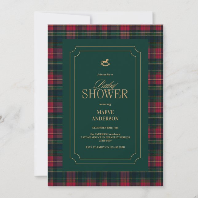 Invitación Elegant Tartan Plaid Baby Shower winter red Green (Anverso)