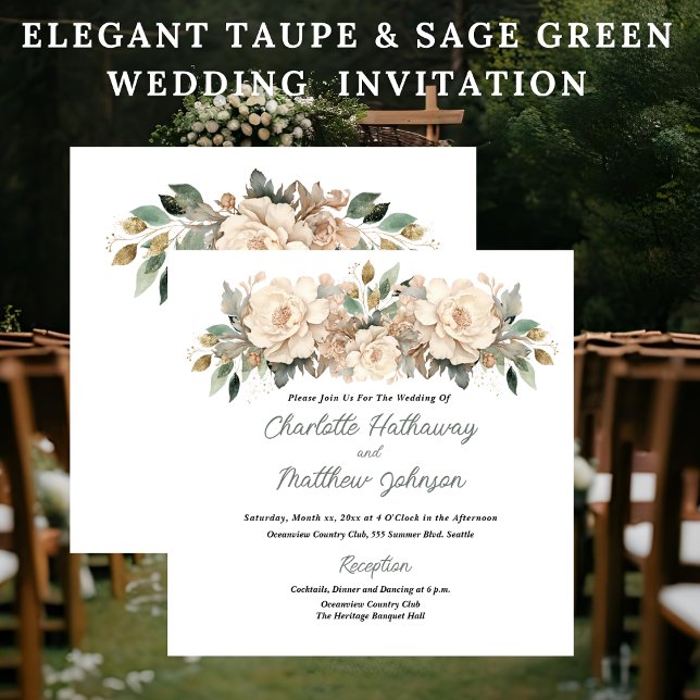 Invitación Elegant Taupe Floral Wedding with Sage Green (Elegant Taupe Floral Wedding Invitation with Sage Green)