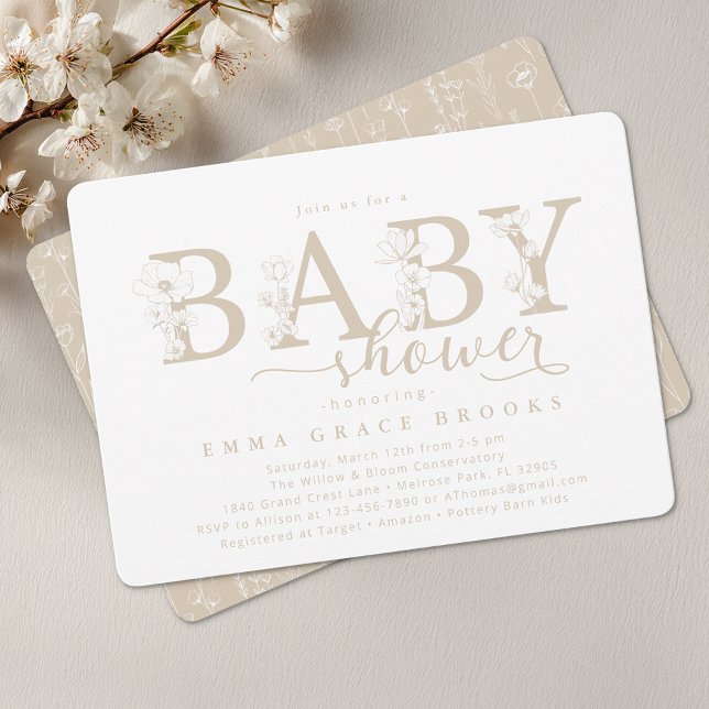 Invitación Elegant Taupe Neutral Floral Baby Shower Typograph (Baby Shower Invite)