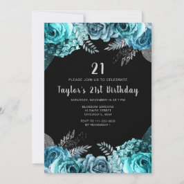 Invitación Elegant Teal Blue and Silver Flower Birthday Party