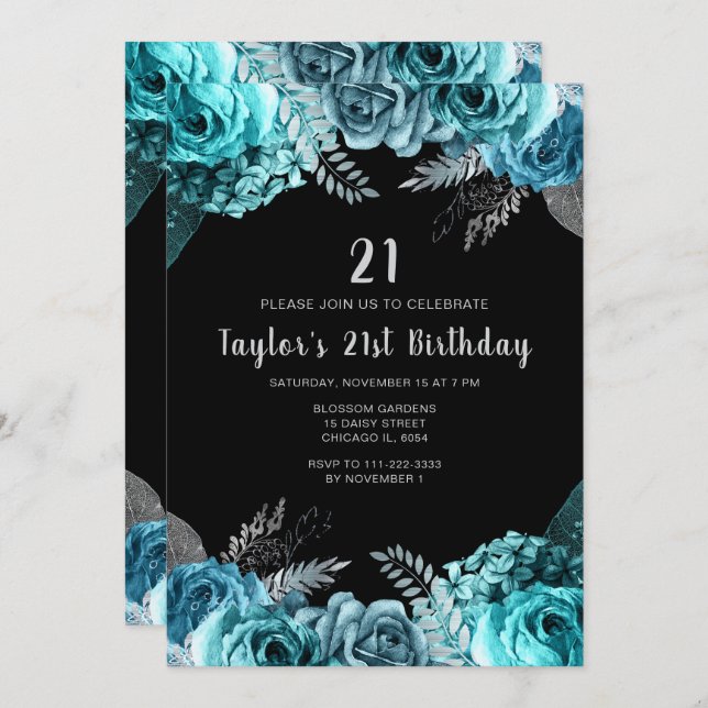 Invitación Elegant Teal Blue and Silver Flower Birthday Party (Anverso / Reverso)